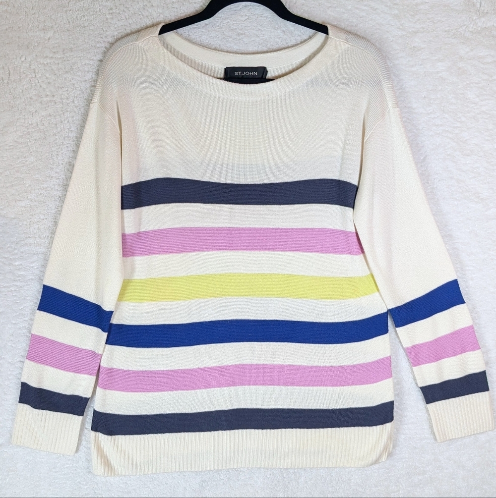 66-St. John Cream Crewneck Sweater with Navy, Pink, Yellow‎ and Gray Stripes